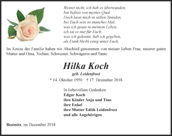 Traueranzeige von Hilka Koch von Ostthüringer Zeitung, Thüringische Landeszeitung