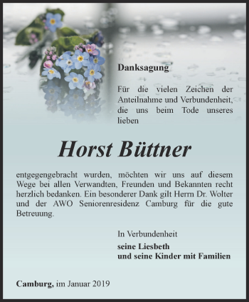 Traueranzeige von Horst Büttner von Ostthüringer Zeitung, Thüringische Landeszeitung