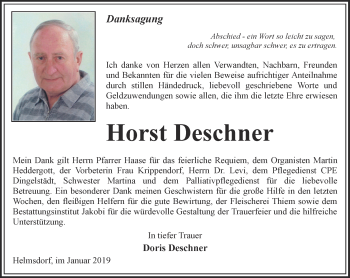 Traueranzeige von Horst Deschner von Thüringer Allgemeine