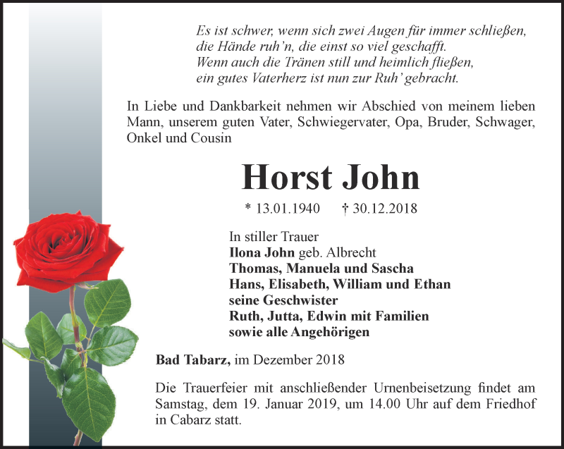  Traueranzeige für Horst John vom 12.01.2019 aus Ostthüringer Zeitung, Thüringische Landeszeitung