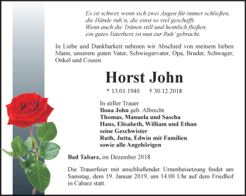 Traueranzeige von Horst John von Ostthüringer Zeitung, Thüringische Landeszeitung