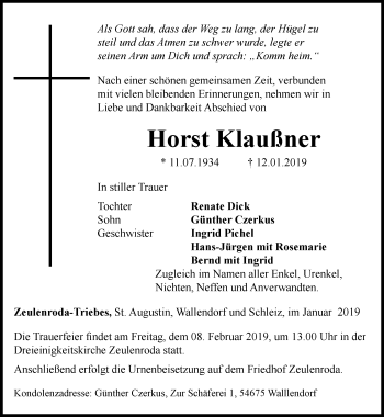 Traueranzeige von Horst Klaußner von Ostthüringer Zeitung