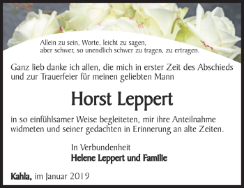 Traueranzeige von Horst Leppert von Ostthüringer Zeitung, Thüringische Landeszeitung