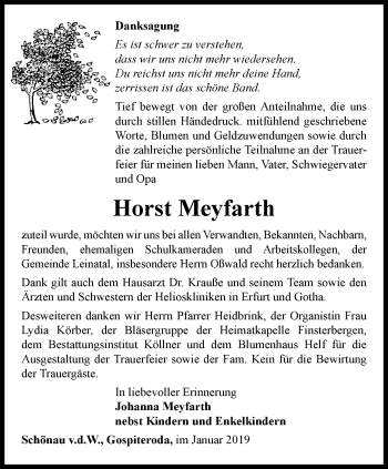 Traueranzeige von Horst Meyfarth von Ostthüringer Zeitung, Thüringische Landeszeitung