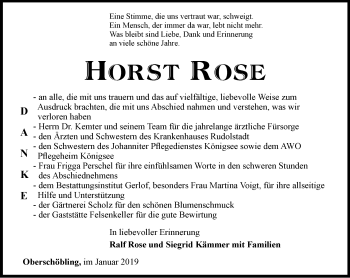 Traueranzeige von Horst Rose von Ostthüringer Zeitung