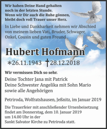 Traueranzeige von Hubert Hofmann von Ostthüringer Zeitung, Thüringische Landeszeitung