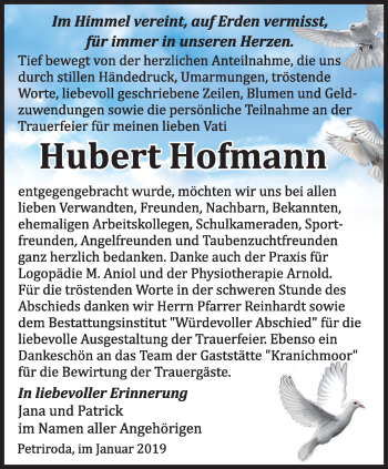 Traueranzeige von Hubert Hofmann von Ostthüringer Zeitung, Thüringische Landeszeitung