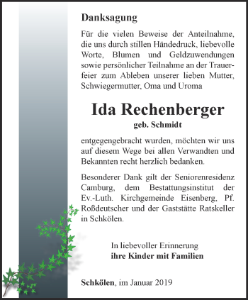 Traueranzeige von Ida Rechenberger von Ostthüringer Zeitung