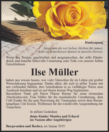 Traueranzeige von Ilse Müller von Thüringer Allgemeine