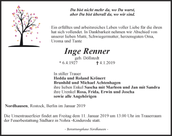 Traueranzeige von Inge Renner von Thüringer Allgemeine