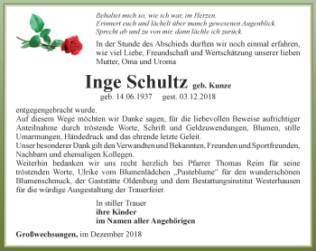Traueranzeige von Inge Schultz von Thüringer Allgemeine