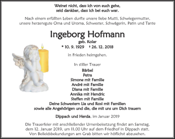 Traueranzeige von Ingeborg Hofmann von Thüringer Allgemeine, Thüringische Landeszeitung