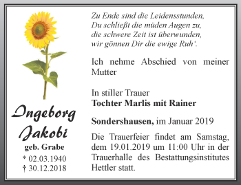 Traueranzeige von Ingeborg Jakobi von Thüringer Allgemeine