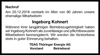 Traueranzeige von Ingeborg Kohnert von Thüringer Allgemeine