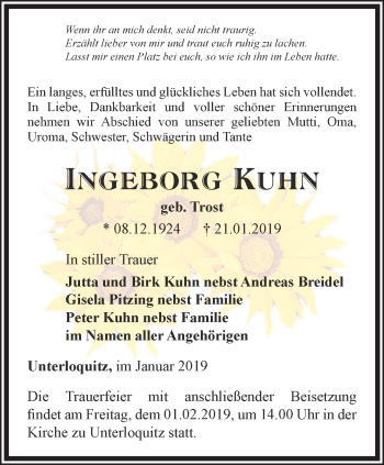 Traueranzeige von Ingeborg Kuhn von Ostthüringer Zeitung