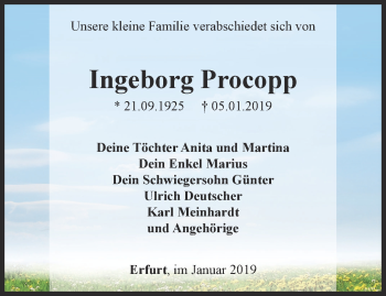 Traueranzeige von Ingeborg Procopp von Thüringer Allgemeine, Thüringische Landeszeitung