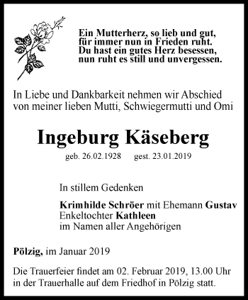 Traueranzeige von Ingeburg Käseberg von Ostthüringer Zeitung