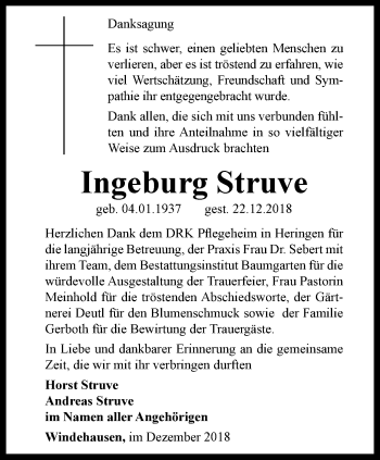 Traueranzeige von Ingeburg Struve von Thüringer Allgemeine