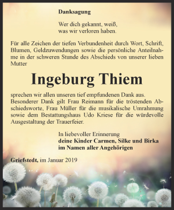 Traueranzeige von Ingeburg Thiem von Thüringer Allgemeine