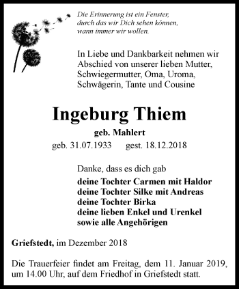 Traueranzeige von Ingeburg Thiem von Thüringer Allgemeine
