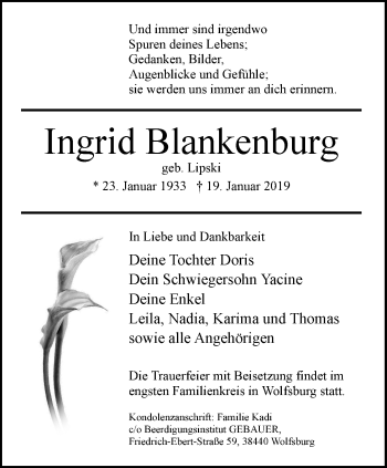 Traueranzeige von Ingrid Blankenburg von Thüringer Allgemeine