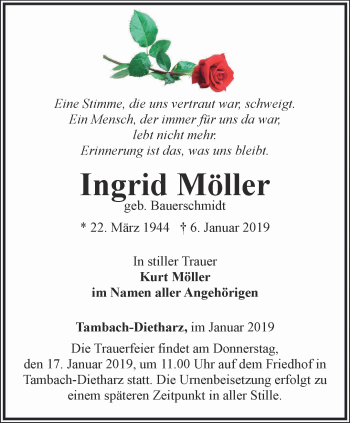 Traueranzeige von Ingrid Möller von Ostthüringer Zeitung, Thüringische Landeszeitung