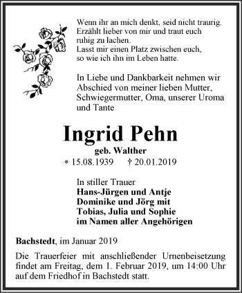 Traueranzeige von Ingrid Pehn von Thüringer Allgemeine