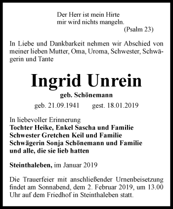 Traueranzeige von Ingrid Unrein von Thüringer Allgemeine