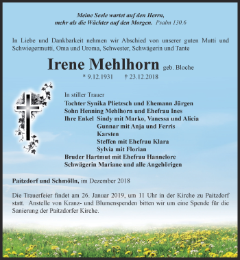 Traueranzeige von Irene Mehlhorn von Ostthüringer Zeitung