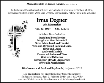 Traueranzeige von Irma Degner von Thüringer Allgemeine, Thüringische Landeszeitung