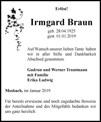 Traueranzeige von Irmgard Braun von Thüringer Allgemeine, Thüringische Landeszeitung