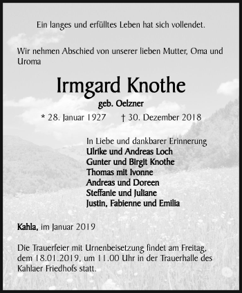 Traueranzeige von Irmgard Knothe von Ostthüringer Zeitung, Thüringische Landeszeitung