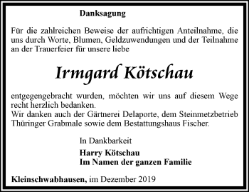 Traueranzeige von Irmgard Kötschau von Thüringer Allgemeine, Thüringische Landeszeitung