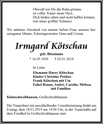Traueranzeige von Irmgard Kötschau von Thüringer Allgemeine, Thüringische Landeszeitung