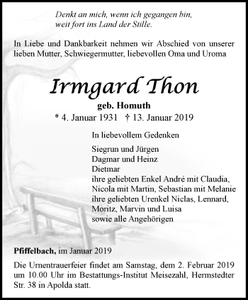 Traueranzeige von Irmgard Thon von Thüringer Allgemeine, Thüringische Landeszeitung