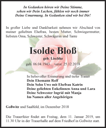 Traueranzeige von Isolde Bloß von Ostthüringer Zeitung