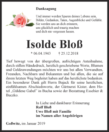 Traueranzeige von Isolde Bloß von Ostthüringer Zeitung