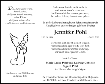 Traueranzeige von Jennifer Pohl von Thüringer Allgemeine, Thüringische Landeszeitung