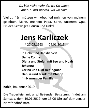 Traueranzeige von Jens Karliczek von Ostthüringer Zeitung