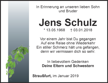 Traueranzeige von Jens Schulz von Zeitungsgruppe Thüringen Trauer