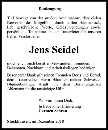 Traueranzeige von Jens Seidel von Thüringer Allgemeine, Thüringische Landeszeitung