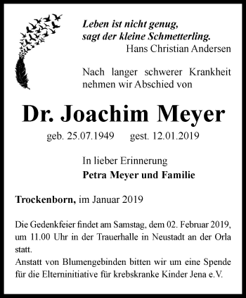 Traueranzeige von Joachim Meyer von Ostthüringer Zeitung