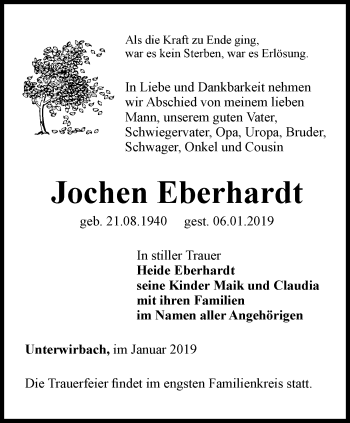 Traueranzeige von Jochen Eberhardt von Ostthüringer Zeitung