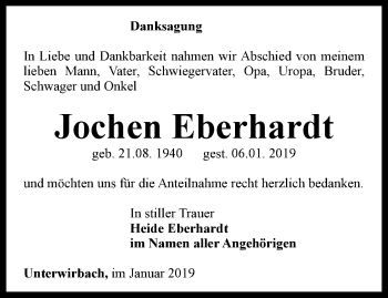 Traueranzeige von Jochen Eberhardt von Ostthüringer Zeitung