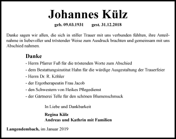 Traueranzeige von Johannes Külz