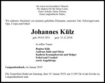 Traueranzeige von Johannes Külz