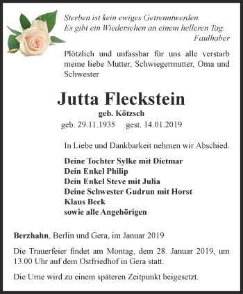 Traueranzeige von Jutta Fleckstein von Ostthüringer Zeitung