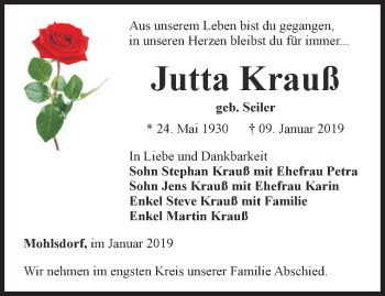 Traueranzeige von Jutta Krauß von Ostthüringer Zeitung