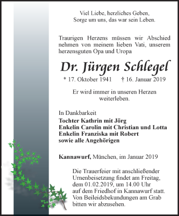 Traueranzeige von Jürgen Schreger von Thüringer Allgemeine