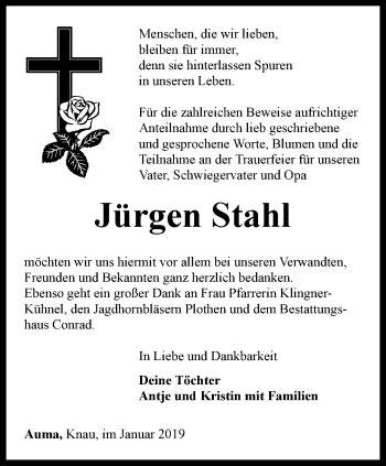 Traueranzeige von Jürgen Stahl von Ostthüringer Zeitung